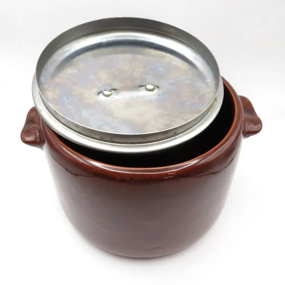 Vintage West Bend Bean Pot Brown Stoneware Crock Metal Lid Bakelite Style Knob